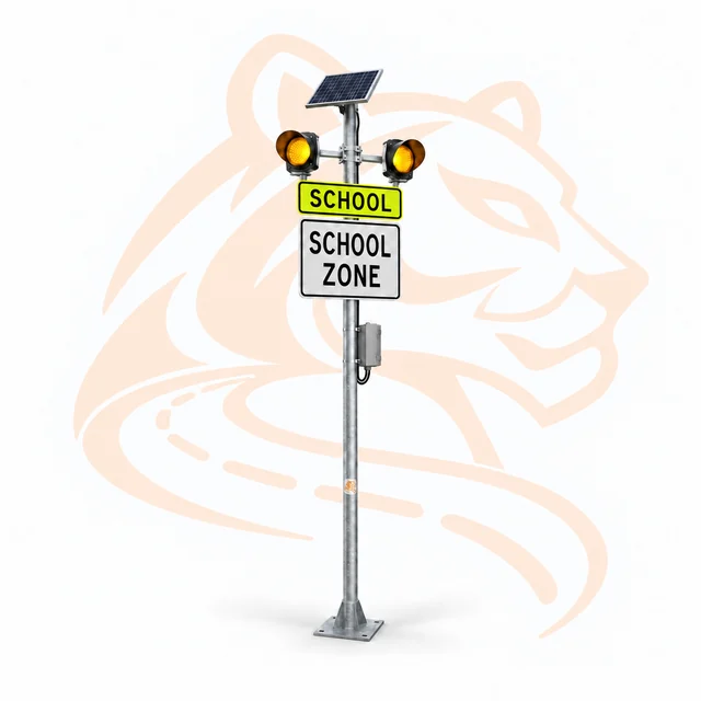 Studio render of 15 Ft Solar Yellow Beacon — School Zone, with Signs