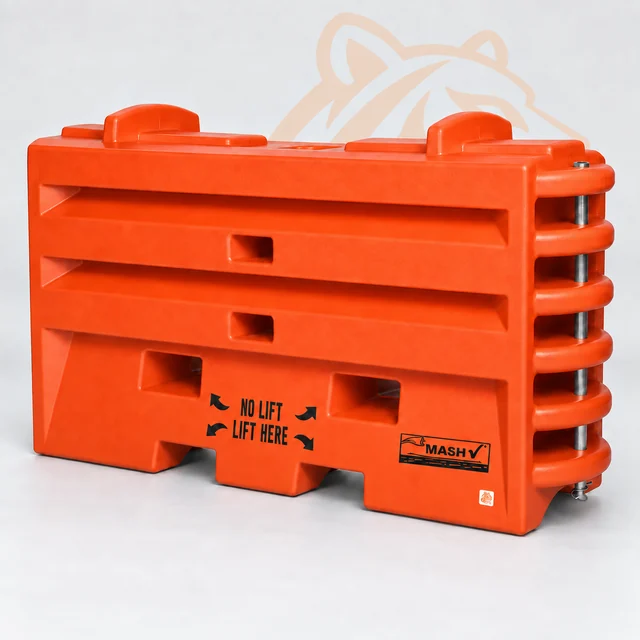 Studio render of TL-3 Sentry Water-Cable Barrier — Orange